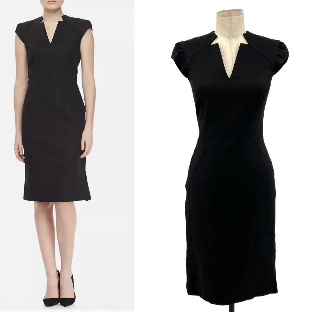 Zac Posen Black Cap Sleeve V-Neck Sheath Wiggle Structured Day Dress Size 2
